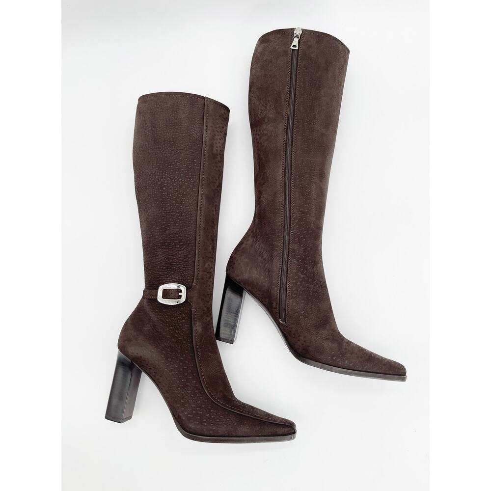 Prada Vintage Brown Embossed Nubuck Square Toe Heeled Knee High Boots IT 36.5 - Picture 3 of 14